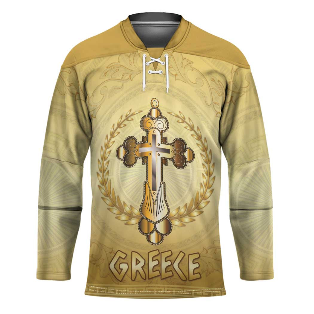 Greece Orthodox Cross Hockey Jersey Ancient Greek Key Gold Heritage