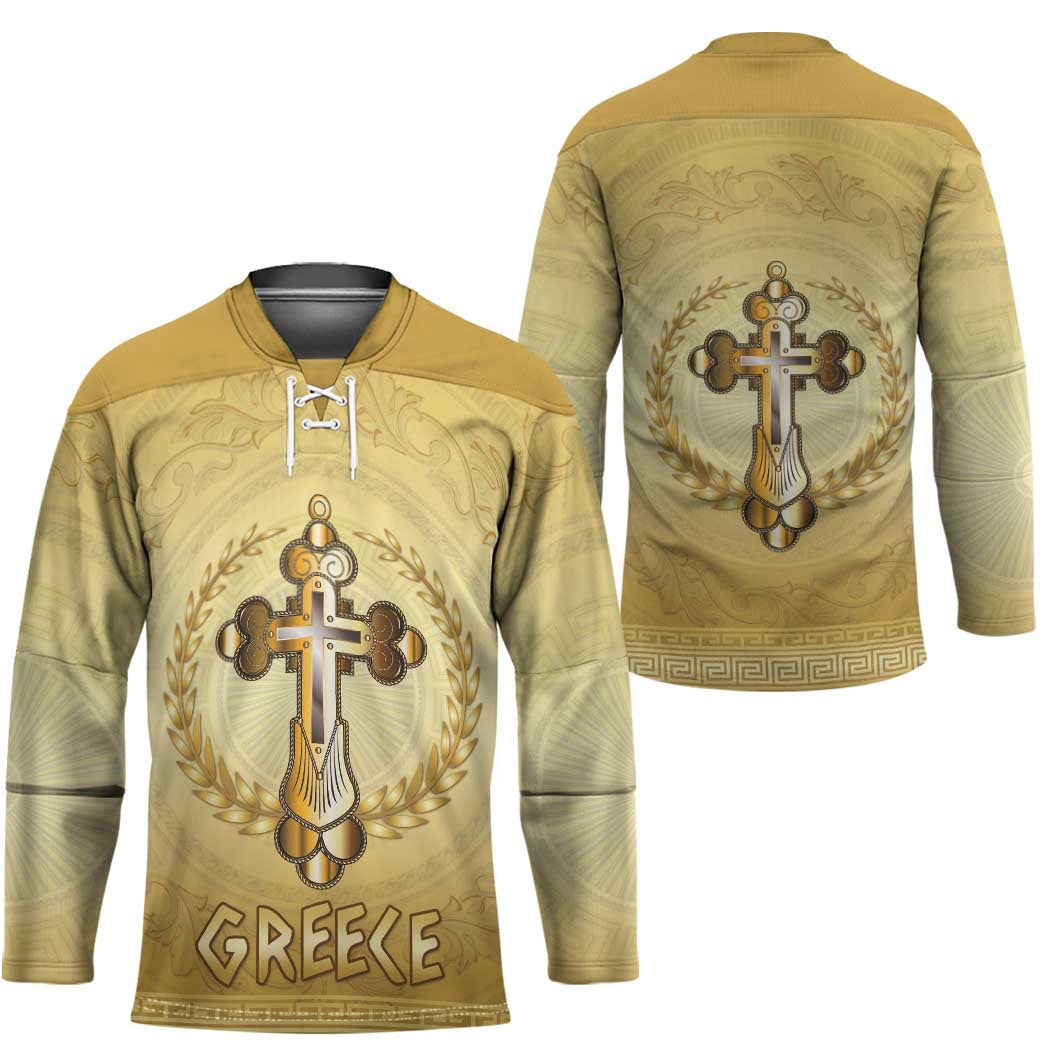 Greece Orthodox Cross Hockey Jersey Ancient Greek Key Gold Heritage