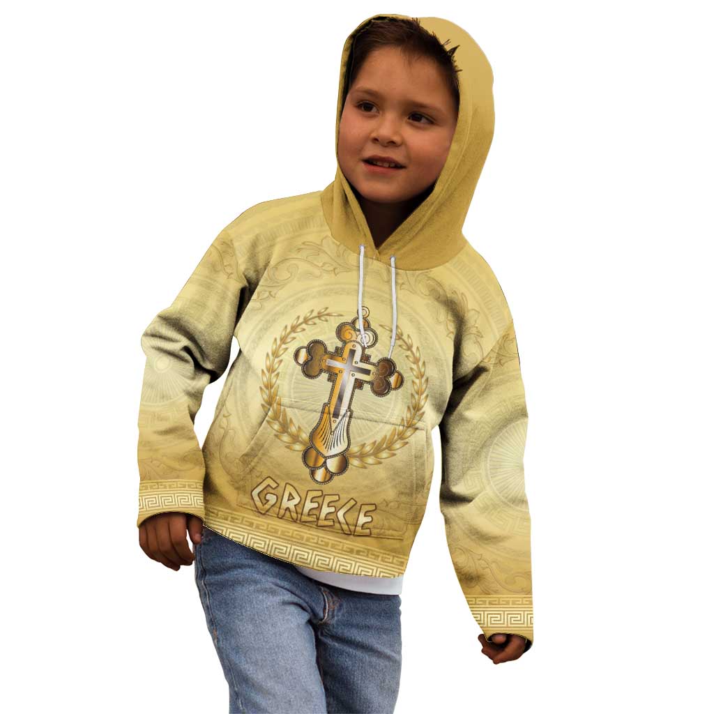 Greece Orthodox Cross Kid Hoodie Ancient Greek Key Gold Heritage