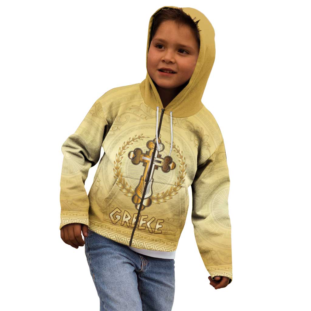Greece Orthodox Cross Kid Hoodie Ancient Greek Key Gold Heritage