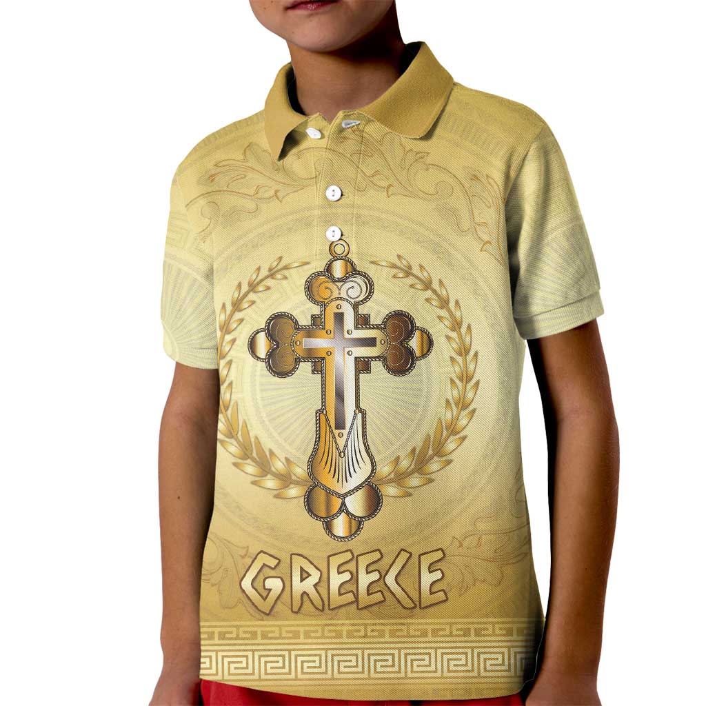 Greece Orthodox Cross Kid Polo Shirt Ancient Greek Key Gold Heritage