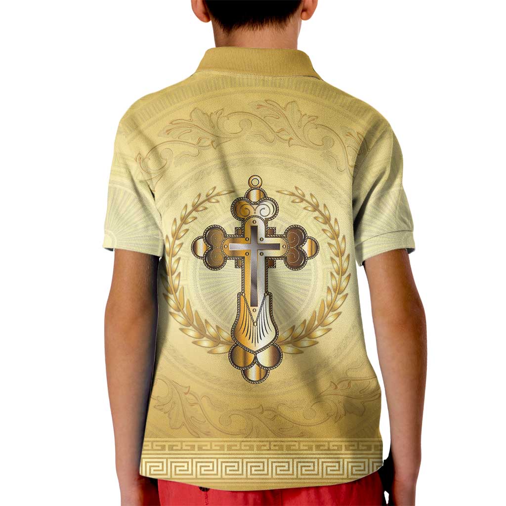 Greece Orthodox Cross Kid Polo Shirt Ancient Greek Key Gold Heritage