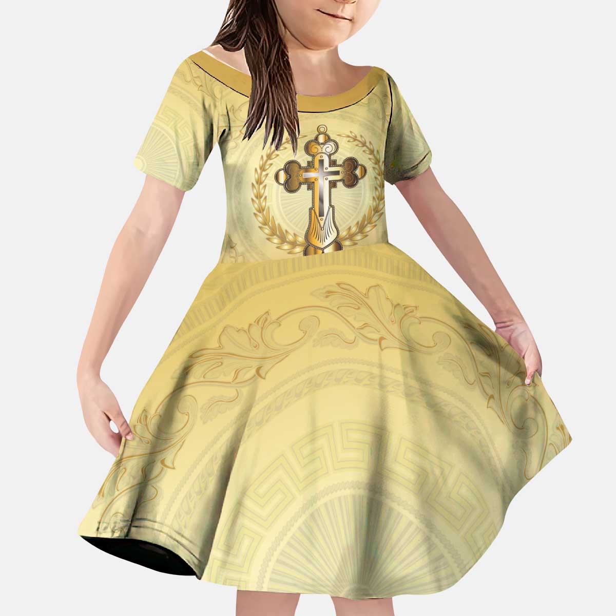 Greece Orthodox Cross Kid Short Sleeve Dress Ancient Greek Key Gold Heritage