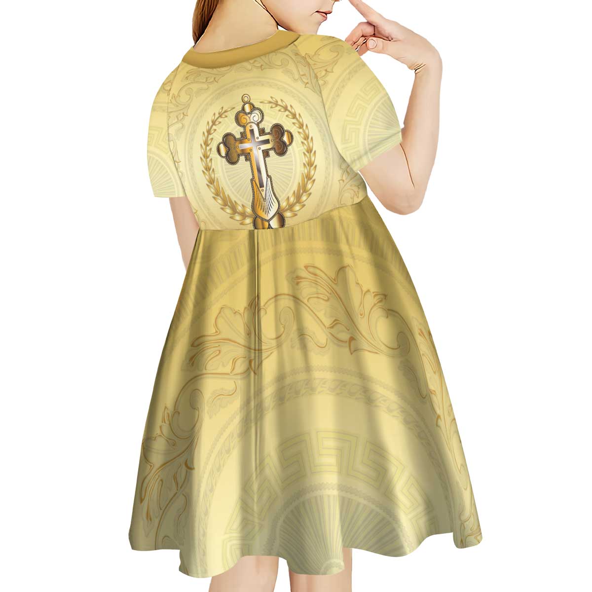 Greece Orthodox Cross Kid Short Sleeve Dress Ancient Greek Key Gold Heritage