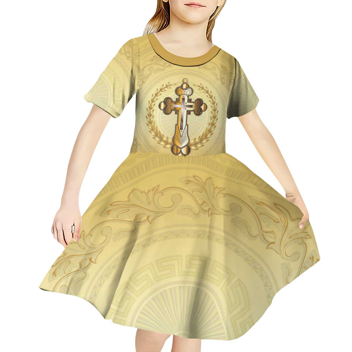 Greece Orthodox Cross Kid Short Sleeve Dress Ancient Greek Key Gold Heritage