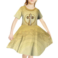 Greece Orthodox Cross Kid Short Sleeve Dress Ancient Greek Key Gold Heritage