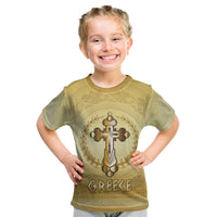 Greece Orthodox Cross Kid T Shirt Ancient Greek Key Gold Heritage