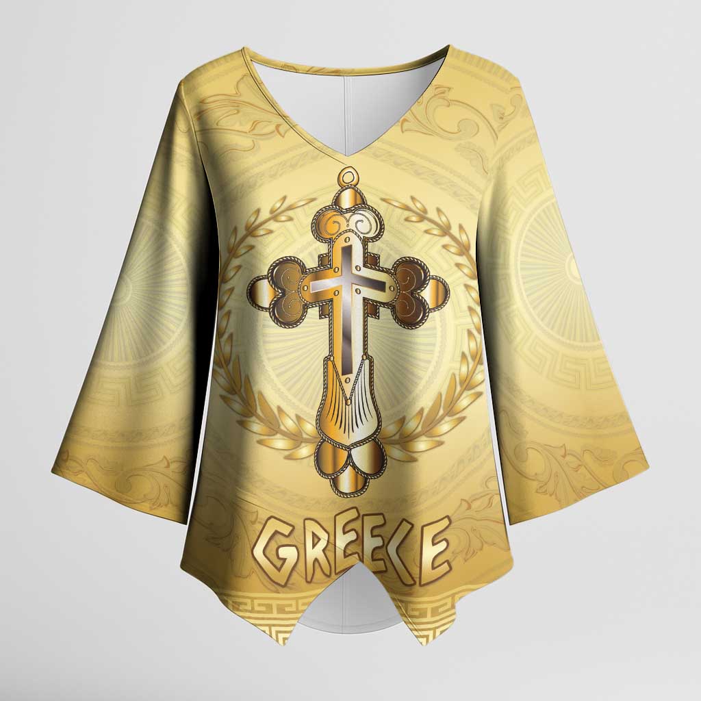 Greece Orthodox Cross Kimono Sleeve Blouse Ancient Greek Key Gold Heritage