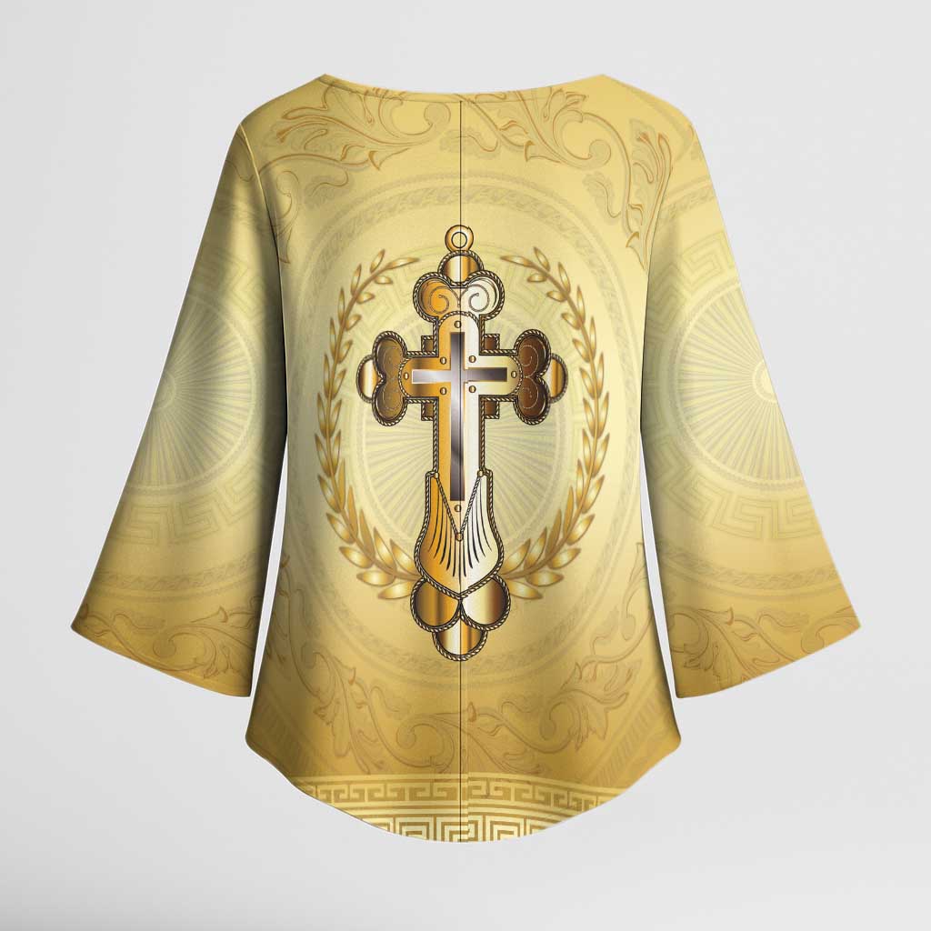 Greece Orthodox Cross Kimono Sleeve Blouse Ancient Greek Key Gold Heritage