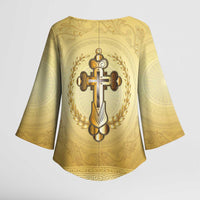 Greece Orthodox Cross Kimono Sleeve Blouse Ancient Greek Key Gold Heritage