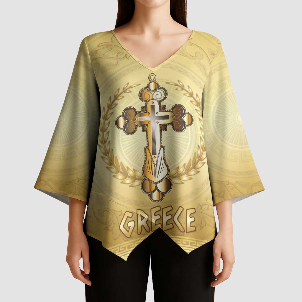 Greece Orthodox Cross Kimono Sleeve Blouse Ancient Greek Key Gold Heritage