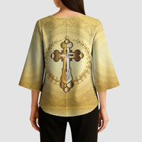 Greece Orthodox Cross Kimono Sleeve Blouse Ancient Greek Key Gold Heritage