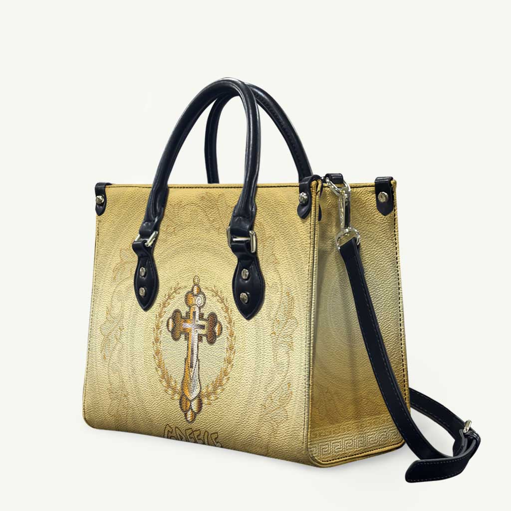 Greece Orthodox Cross Leather Bag Ancient Greek Key Gold Heritage