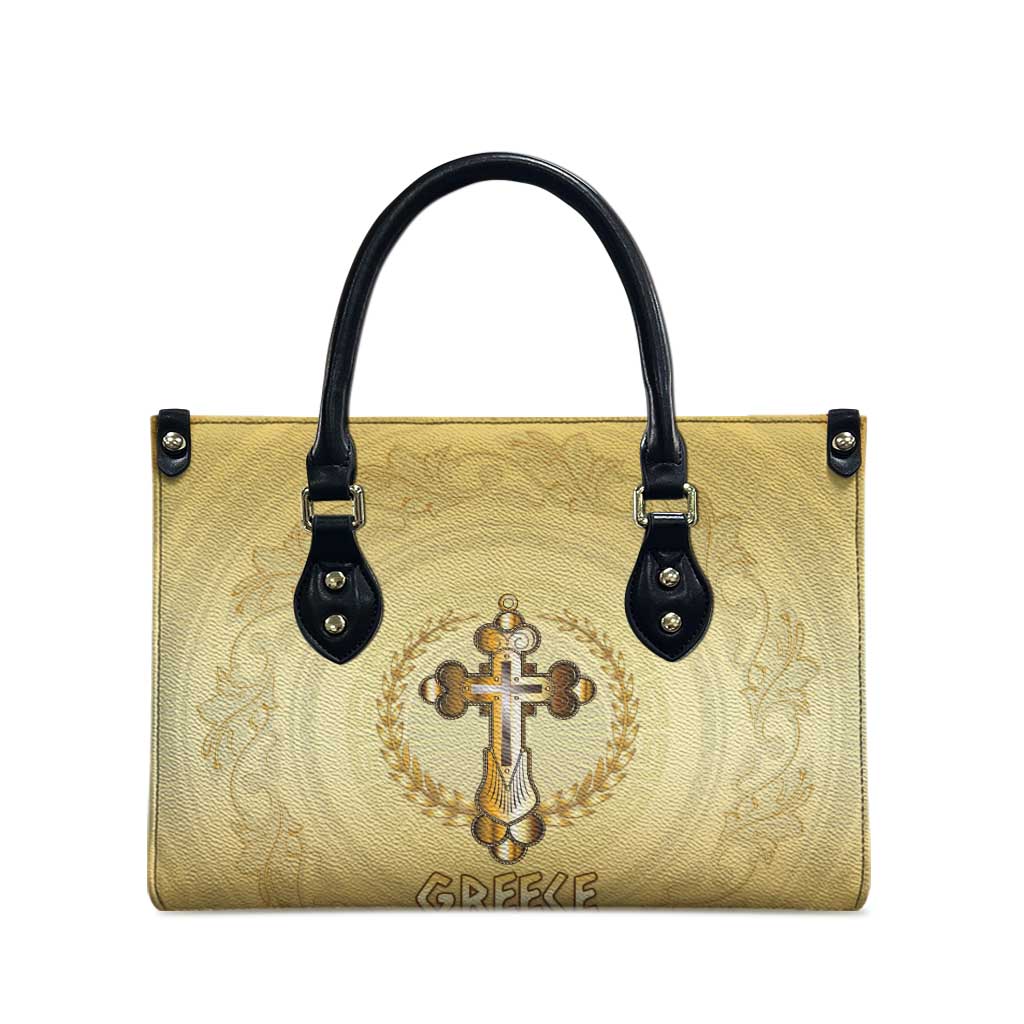 Greece Orthodox Cross Leather Bag Ancient Greek Key Gold Heritage