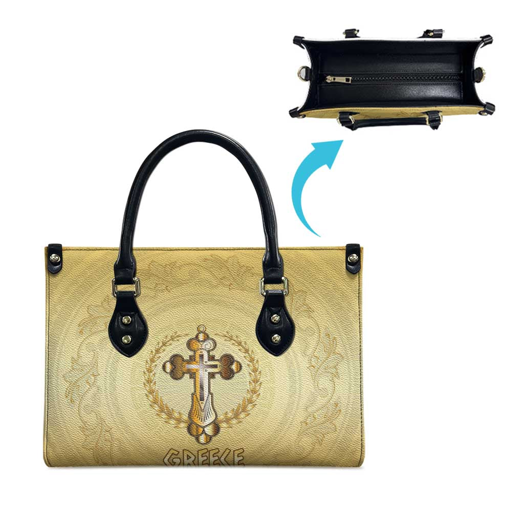 Greece Orthodox Cross Leather Bag Ancient Greek Key Gold Heritage