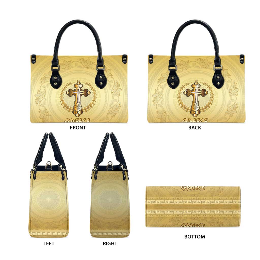 Greece Orthodox Cross Leather Bag Ancient Greek Key Gold Heritage