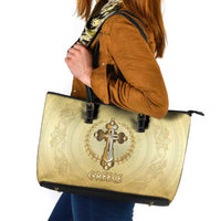 Greece Orthodox Cross Leather Tote Bag Ancient Greek Key Gold Heritage