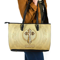 Greece Orthodox Cross Leather Tote Bag Ancient Greek Key Gold Heritage