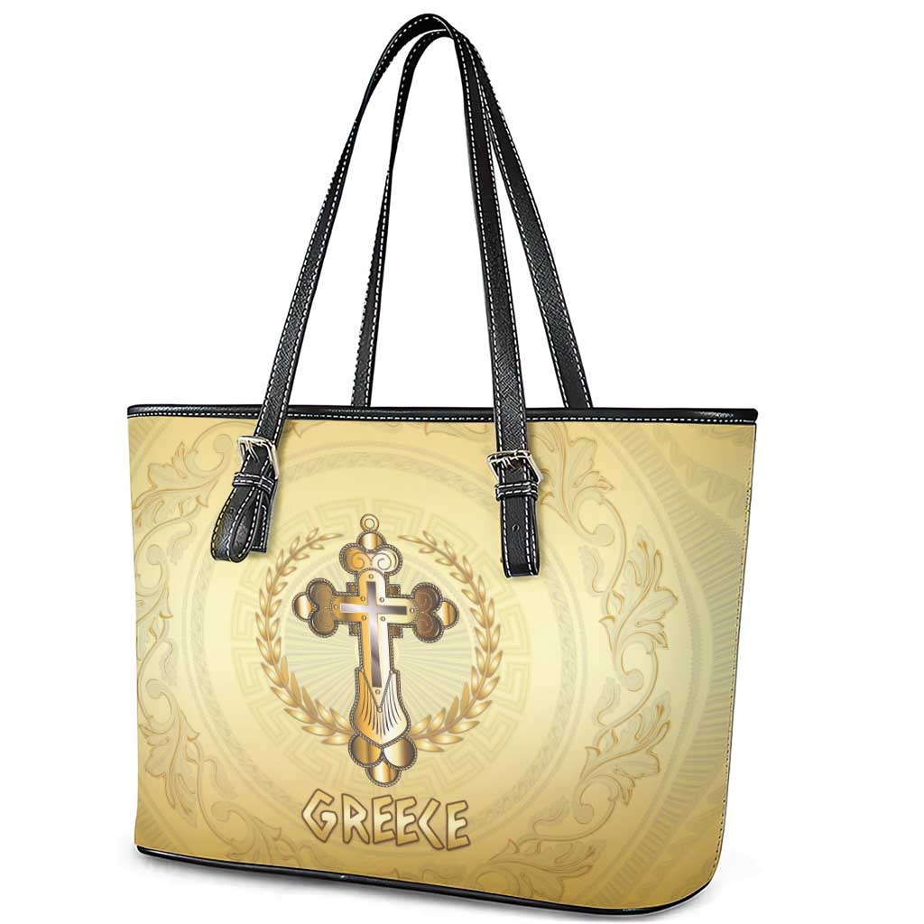 Greece Orthodox Cross Leather Tote Bag Ancient Greek Key Gold Heritage