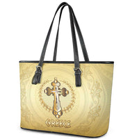 Greece Orthodox Cross Leather Tote Bag Ancient Greek Key Gold Heritage