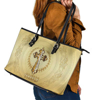 Greece Orthodox Cross Leather Tote Bag Ancient Greek Key Gold Heritage