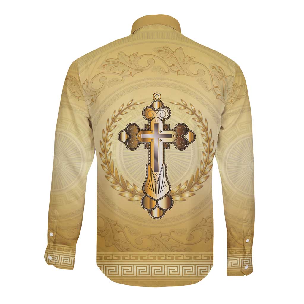 Greece Orthodox Cross Long Sleeve Button Shirt Ancient Greek Key Gold Heritage