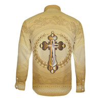 Greece Orthodox Cross Long Sleeve Button Shirt Ancient Greek Key Gold Heritage