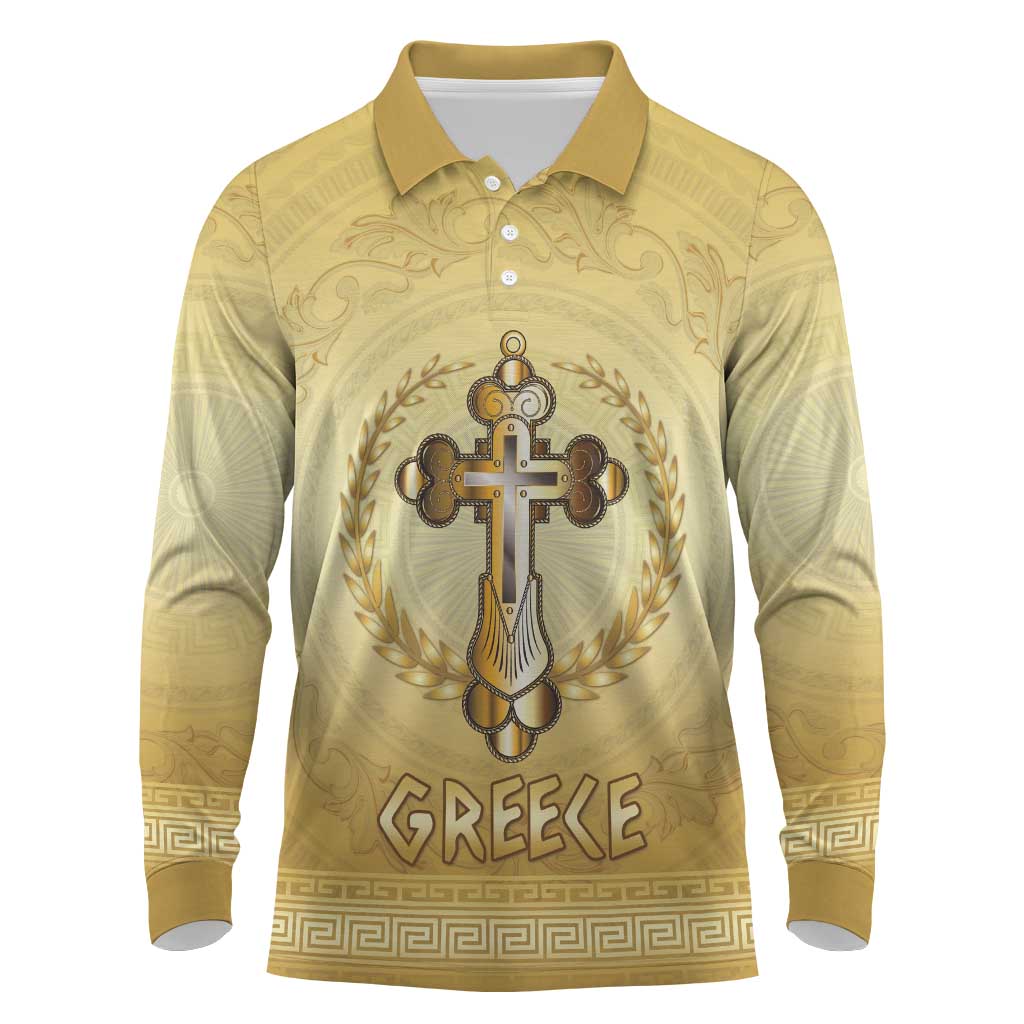 Greece Orthodox Cross Long Sleeve Polo Shirt Ancient Greek Key Gold Heritage