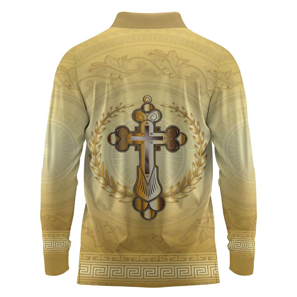 Greece Orthodox Cross Long Sleeve Polo Shirt Ancient Greek Key Gold Heritage