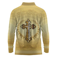 Greece Orthodox Cross Long Sleeve Polo Shirt Ancient Greek Key Gold Heritage