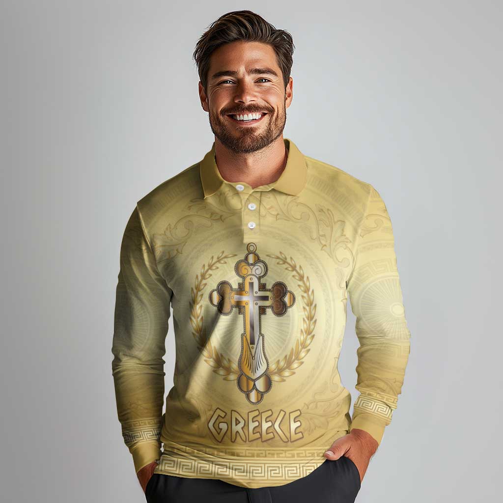 Greece Orthodox Cross Long Sleeve Polo Shirt Ancient Greek Key Gold Heritage