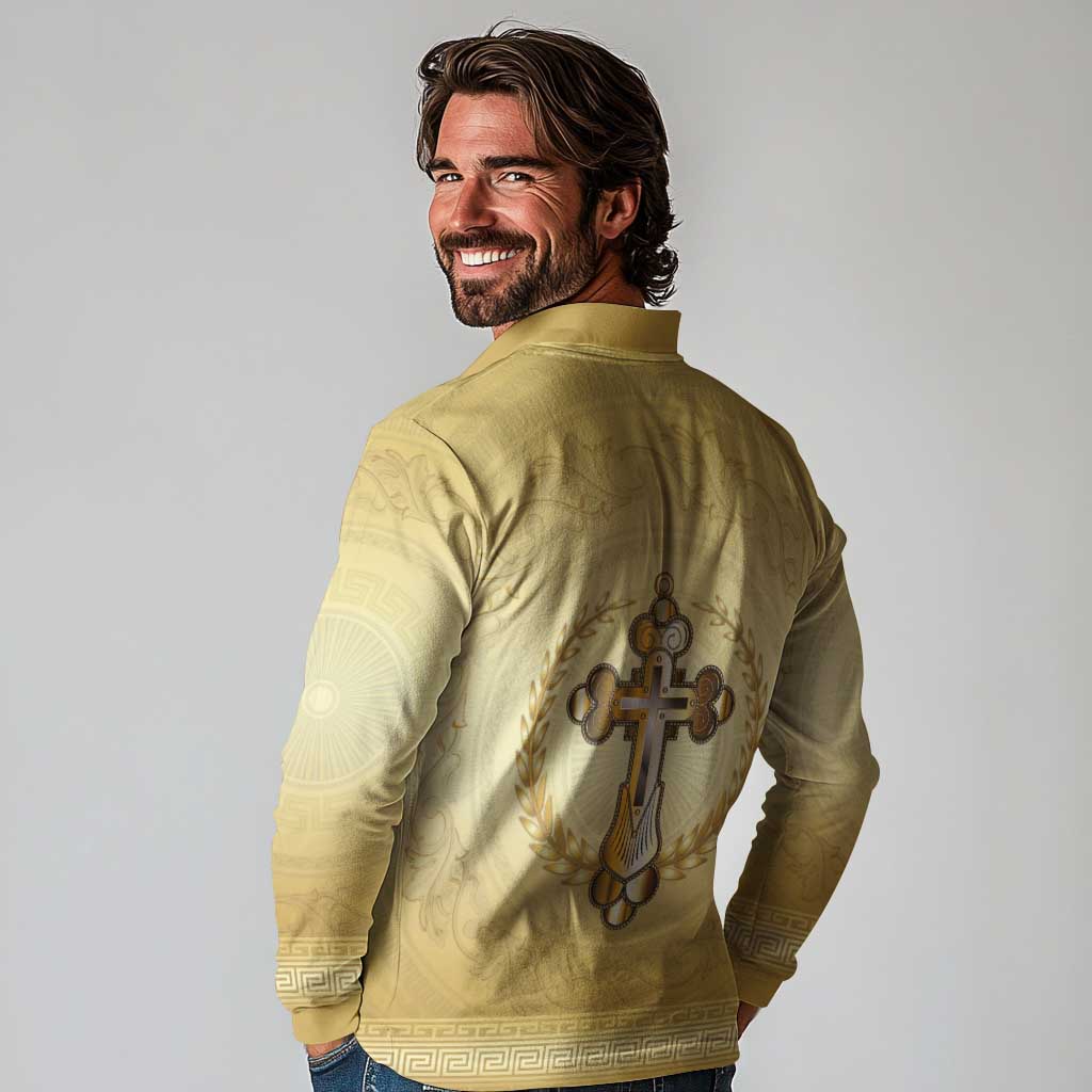 Greece Orthodox Cross Long Sleeve Polo Shirt Ancient Greek Key Gold Heritage