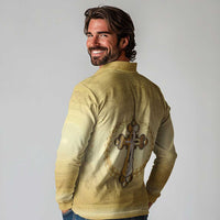 Greece Orthodox Cross Long Sleeve Polo Shirt Ancient Greek Key Gold Heritage