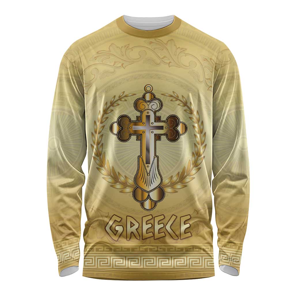 Greece Orthodox Cross Long Sleeve Shirt Ancient Greek Key Gold Heritage