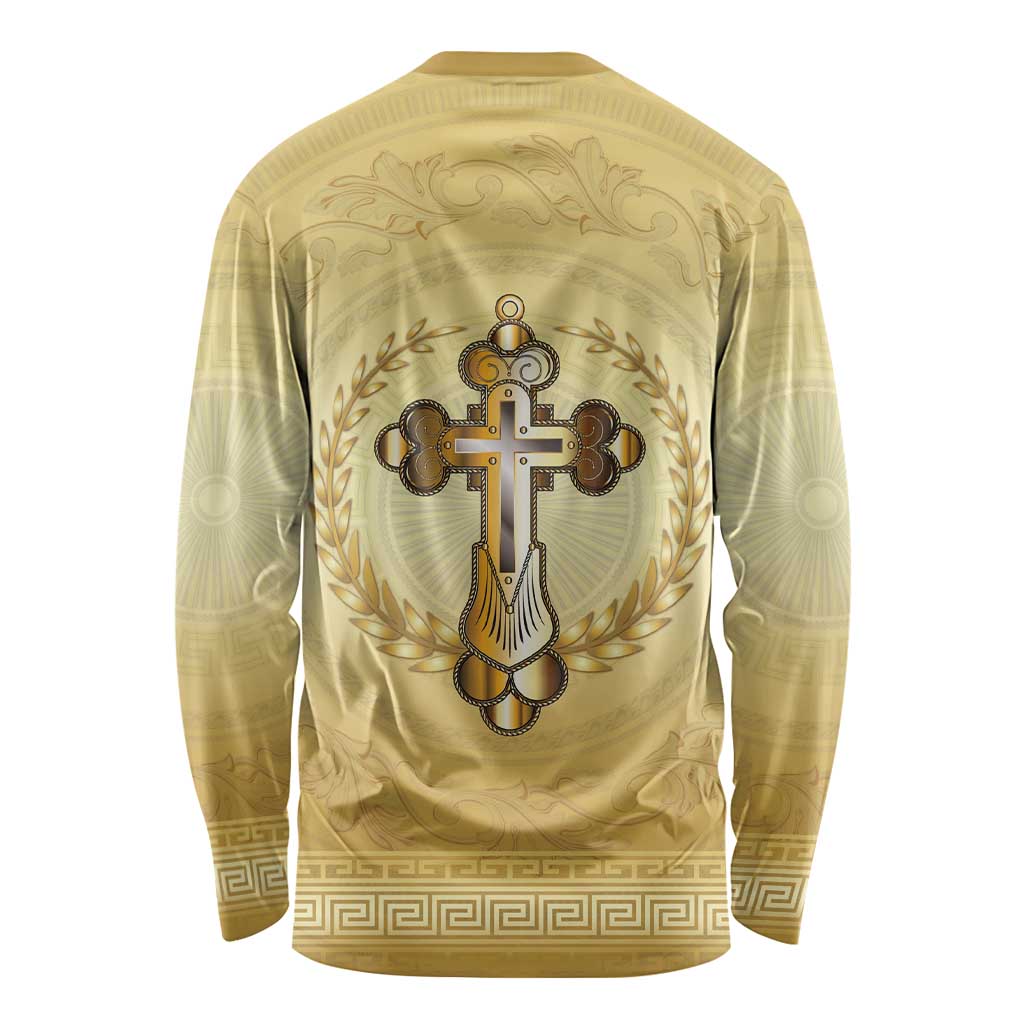 Greece Orthodox Cross Long Sleeve Shirt Ancient Greek Key Gold Heritage