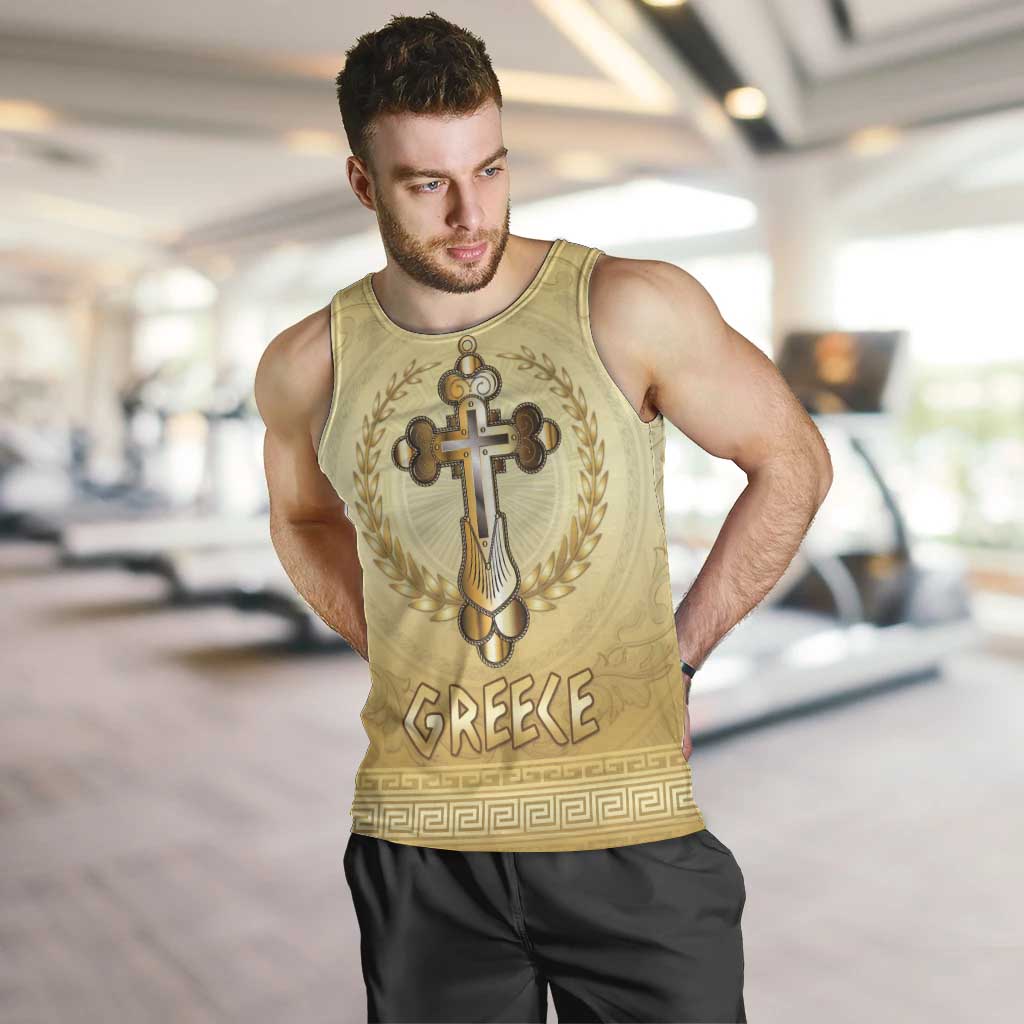 Greece Orthodox Cross Men Tank Top Ancient Greek Key Gold Heritage