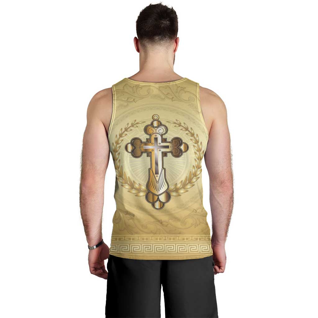Greece Orthodox Cross Men Tank Top Ancient Greek Key Gold Heritage