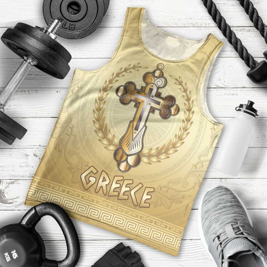 Greece Orthodox Cross Men Tank Top Ancient Greek Key Gold Heritage