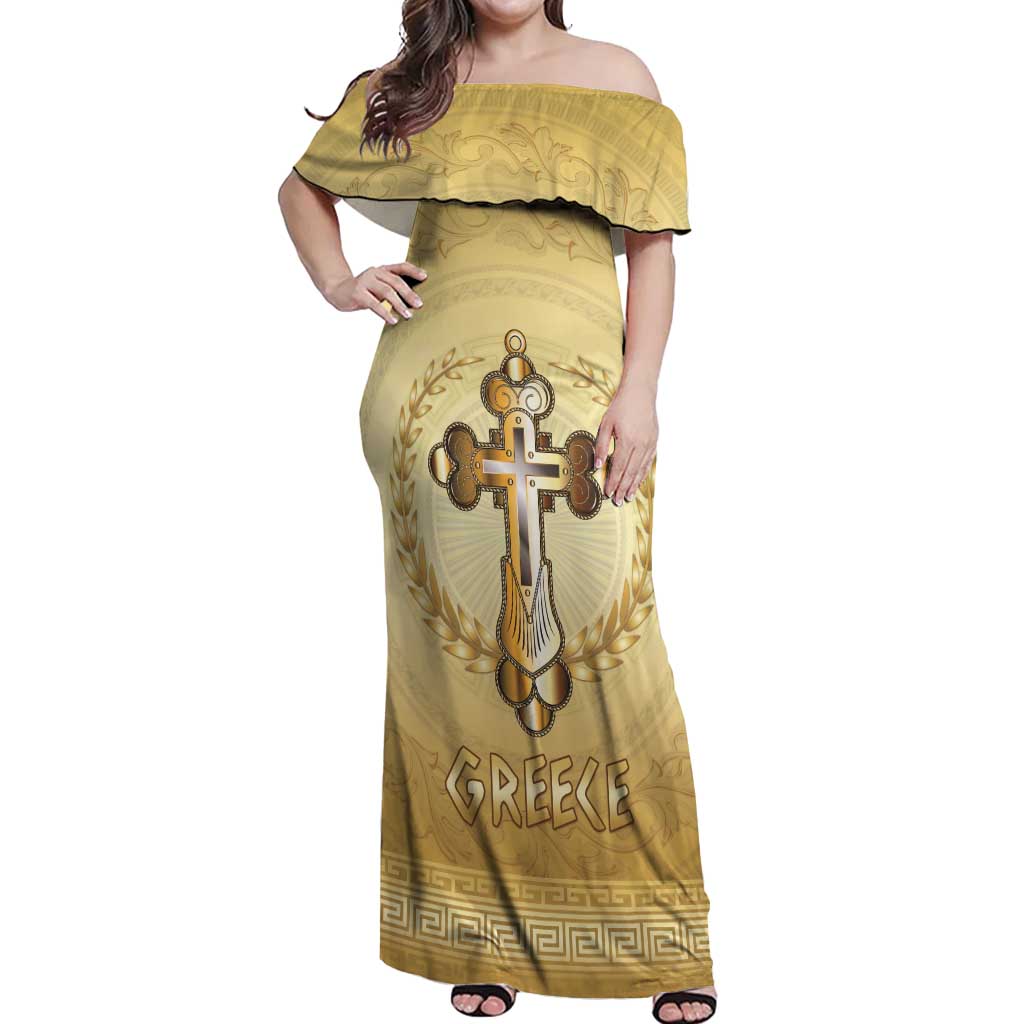 Greece Orthodox Cross Off Shoulder Maxi Dress Ancient Greek Key Gold Heritage