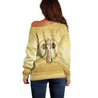 Greece Orthodox Cross Off Shoulder Sweater Ancient Greek Key Gold Heritage