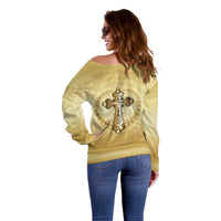 Greece Orthodox Cross Off Shoulder Sweater Ancient Greek Key Gold Heritage
