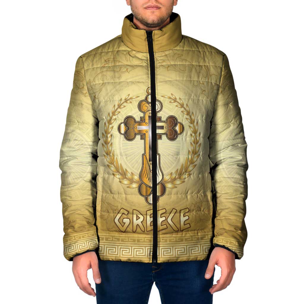 Greece Orthodox Cross Padded Jacket Ancient Greek Key Gold Heritage