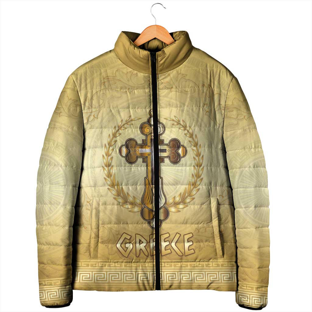 Greece Orthodox Cross Padded Jacket Ancient Greek Key Gold Heritage
