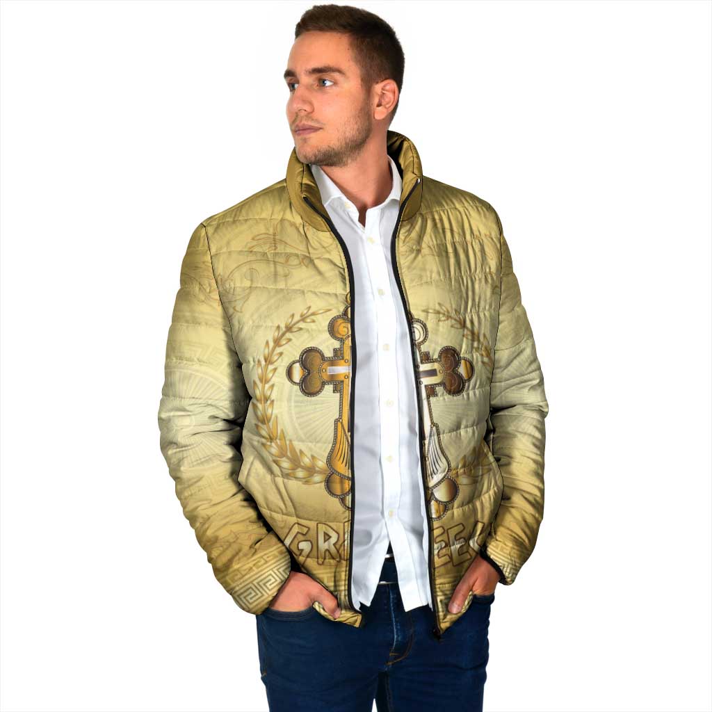 Greece Orthodox Cross Padded Jacket Ancient Greek Key Gold Heritage