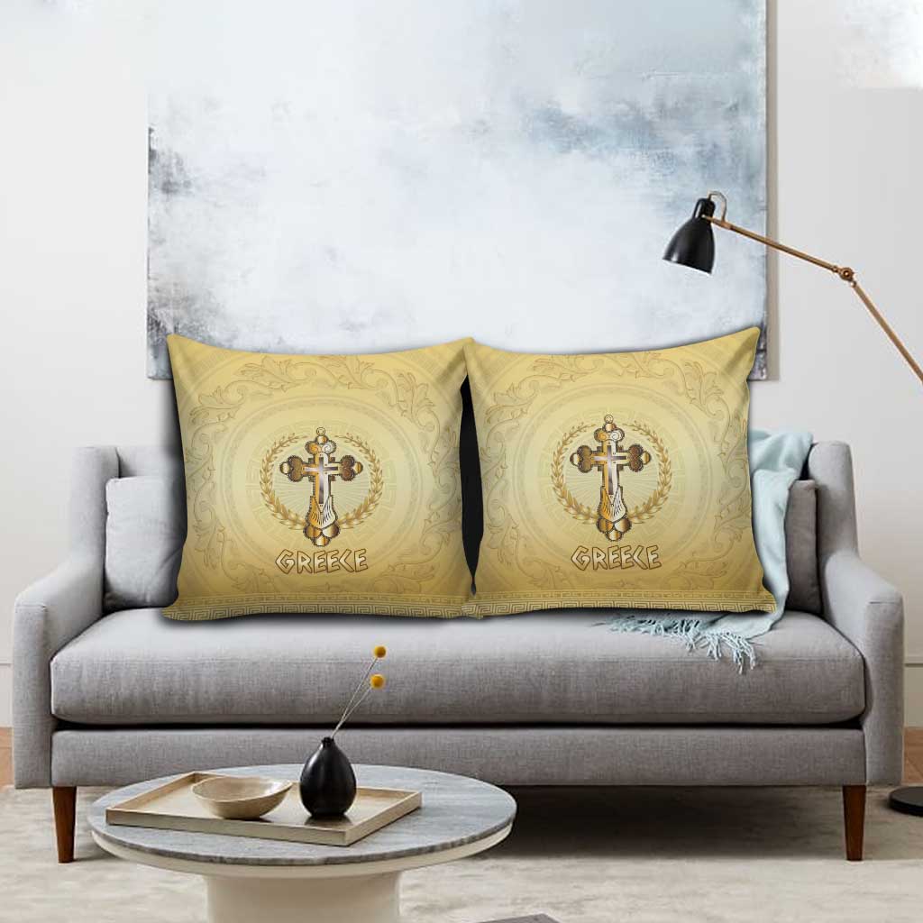 Greece Orthodox Cross Pillow Cover Ancient Greek Key Gold Heritage