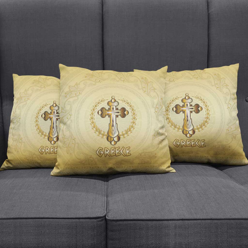 Greece Orthodox Cross Pillow Cover Ancient Greek Key Gold Heritage