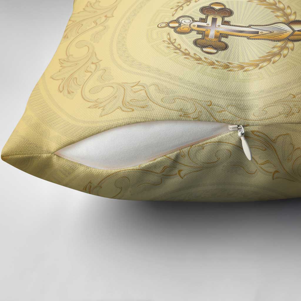 Greece Orthodox Cross Pillow Cover Ancient Greek Key Gold Heritage