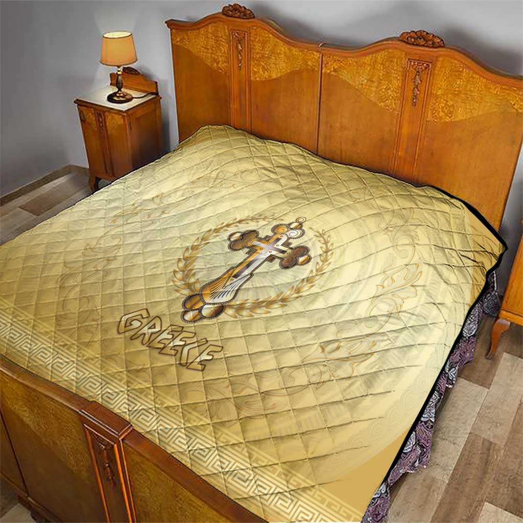 Greece Orthodox Cross Quilt Ancient Greek Key Gold Heritage