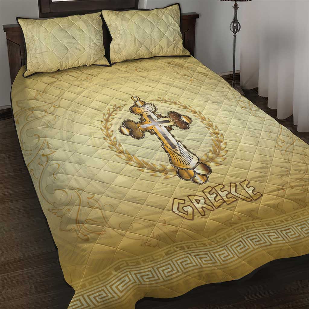 Greece Orthodox Cross Quilt Bed Set Ancient Greek Key Gold Heritage