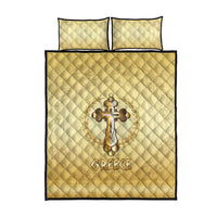 Greece Orthodox Cross Quilt Bed Set Ancient Greek Key Gold Heritage